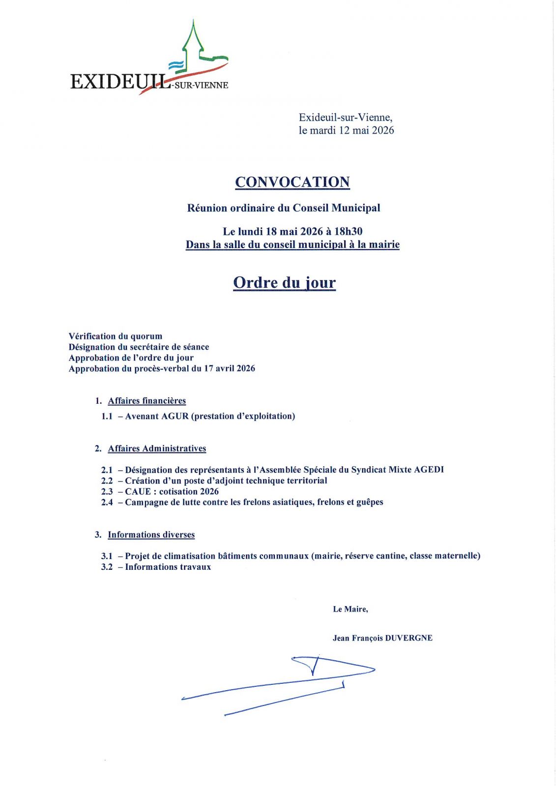 Prochaine réunion du conseil municipal