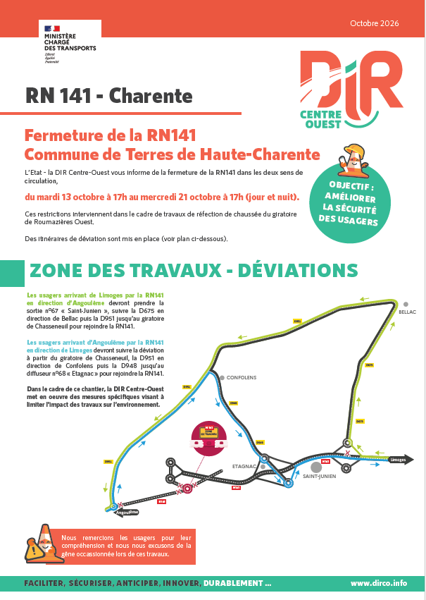 Fermeture RN141: dates et déviations